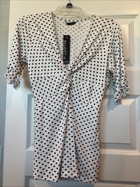 White Black Polka Dot Twist-Front V-Neck Blouse.  BUNDLE 3 for $30